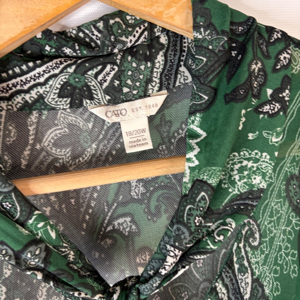 Cato Blouse Womens 18/20W Green Paisley Tie Neck Tiered Bell Sleeve Mesh Overlay - Picture 2 of 10